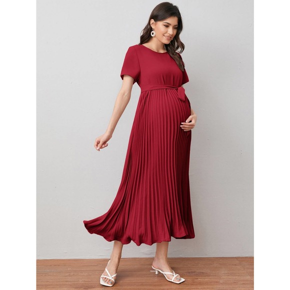 Maternity Self Belted Pleated Dress - Picture 7 of 8